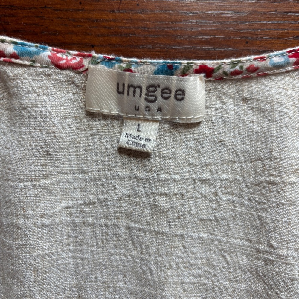 Umgee Linen Blend Crochet Boho Granny Square Sleeve Blouse Top Tan Multi L A0382 - Picture 7 of 12